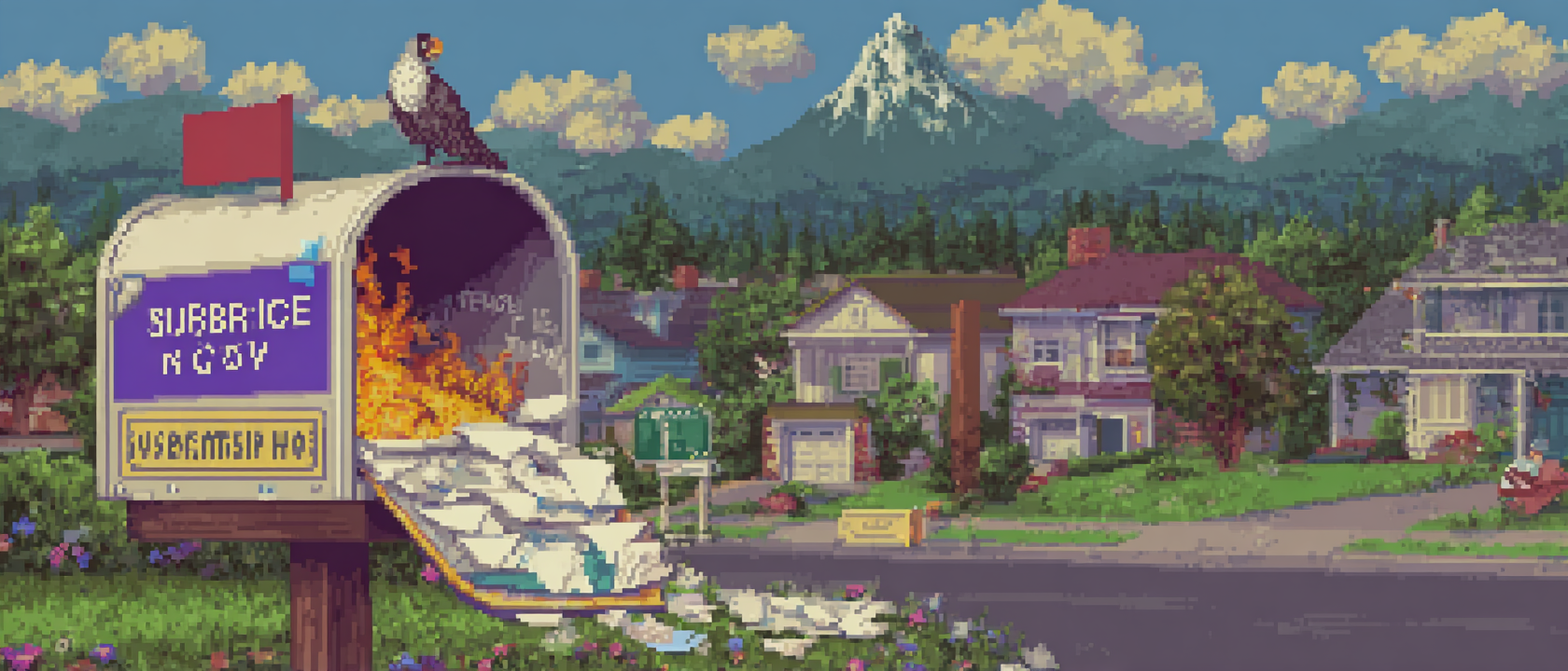 A massive overflowing mailbox shaped like a dumpster fire, letters and newsletters and &ldquo;SUBSCRIBE NOW&rdquo; banners pouring out of it like lava, a tiny man standing next to it looking absolutely serene while holding a phone that just says &ldquo;call me&rdquo; on the screen, the mailbox has a single tear rolling down its face, a vulture perched on top wearing a lanyard that says &ldquo;MARKETING TEAM&rdquo;, suburban neighborhood background with every other house&rsquo;s mailbox looking normal