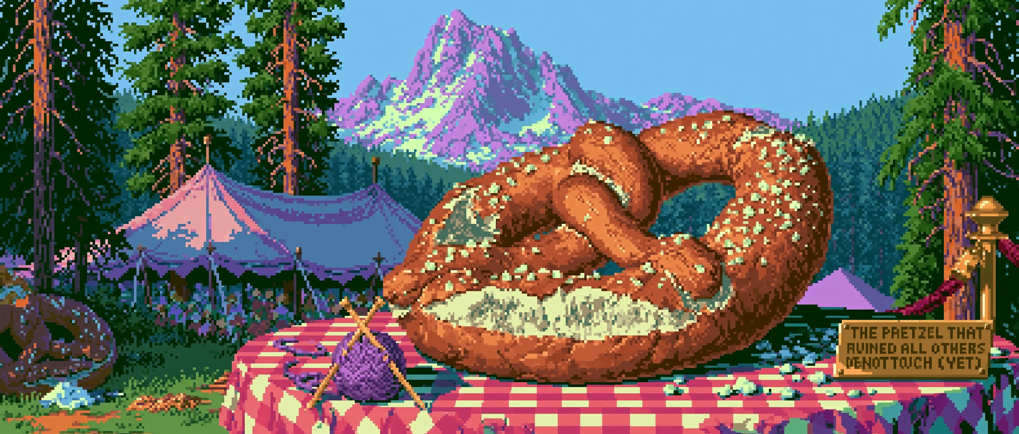 A single majestic Bavarian pretzel enthroned on a red-and-white checkered Oktoberfest tablecloth like a crowned monarch, its lye-burnished mahogany crust glinting under dramatic golden-hour light, fat flakes of pretzel salt scattered around it like scattered jewels; a tiny ball of yarn and two knitting needles kneel before it in open worship; in the background a yarn-festival tent under tall pines with a snow-dusted Estes Park peak behind it; a velvet rope and a small brass museum placard read &ldquo;THE PRETZEL THAT RUINED ALL OTHERS — DO NOT TOUCH (YET)