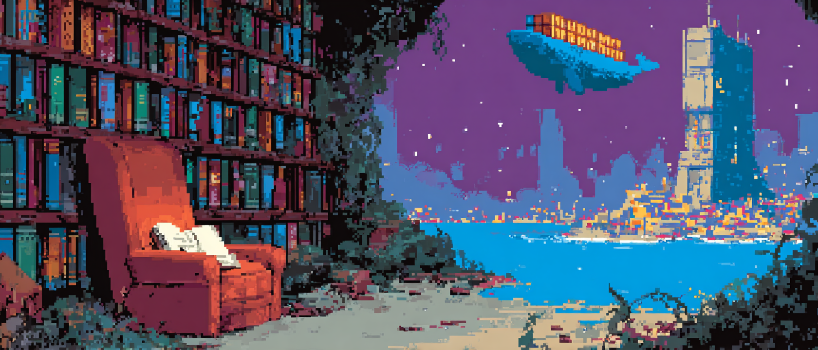 A massive digital library stretching infinitely into the distance, every book spine glowing with tiny metadata tags like Christmas lights, but the single reading chair in the foreground is covered in dust and cobwebs, a spider has built a web between the armrests that says &lsquo;LAST VISITED: NEVER,&rsquo; a Docker whale floats overhead carrying a shipping container labeled &lsquo;MORE EBOOKS&rsquo; toward an already overflowing NAS server that is visibly sweating