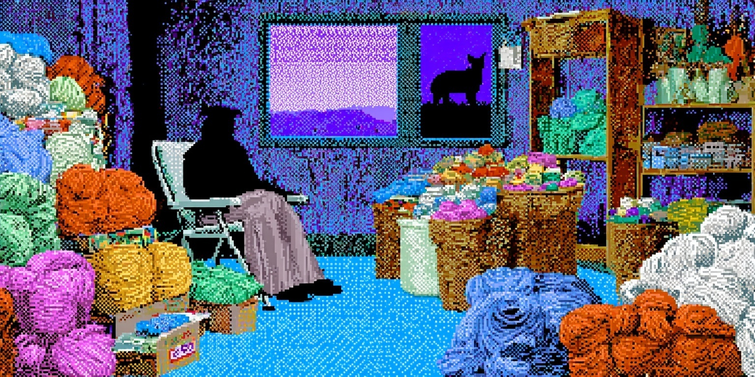 Whimsical illustration of a yarn trunk show setup - rainbow skeins of yarn overflowing from bins and displays, a person in a folding chair surrounded by knitters, alpaca silhouette visible through a window, warm cozy chaos energy