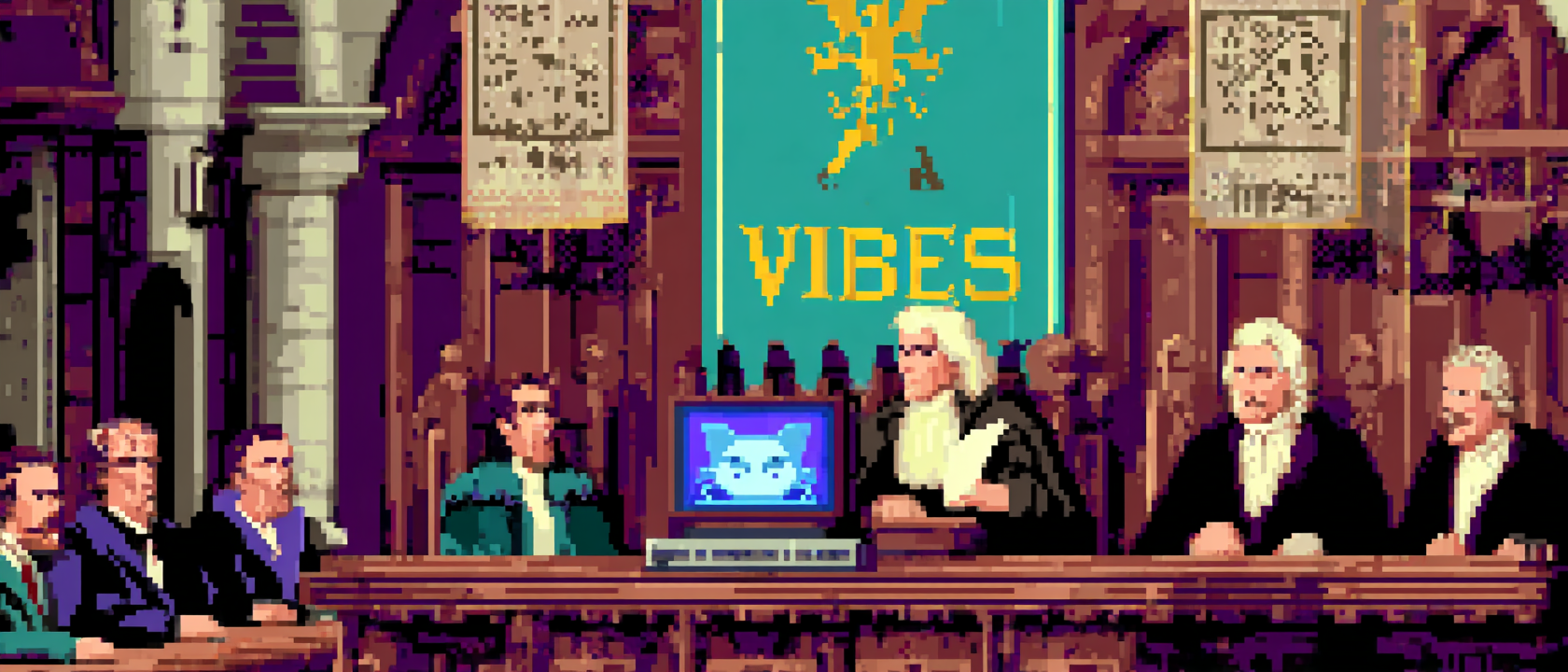 A medieval witch-trial scene where the accused on the stand is a tiny laptop with a startled-cat face on the screen, the prosecutor is a Victorian publisher in a powdered wig holding up a piece of parchment that reads &ldquo;EVIDENCE: SOMETHING SHIFTED&rdquo; in dripping red ink, the jury is twelve identical men in tweed jackets furrowing their brows in perfect unison, motivational posters on the courthouse walls read &ldquo;IF IT FEELS LIKE AI IT IS AI (TRUST YOUR GUT)&rdquo; and &ldquo;BURDEN OF PROOF IS A SOCIAL CONSTRUCT,&rdquo; a single pixel tear rolls down the laptop&rsquo;s screen, dramatic gothic lighting, the banner behind the judge is a giant magnifying-glass emoji over the word &ldquo;VIBES&rdquo;