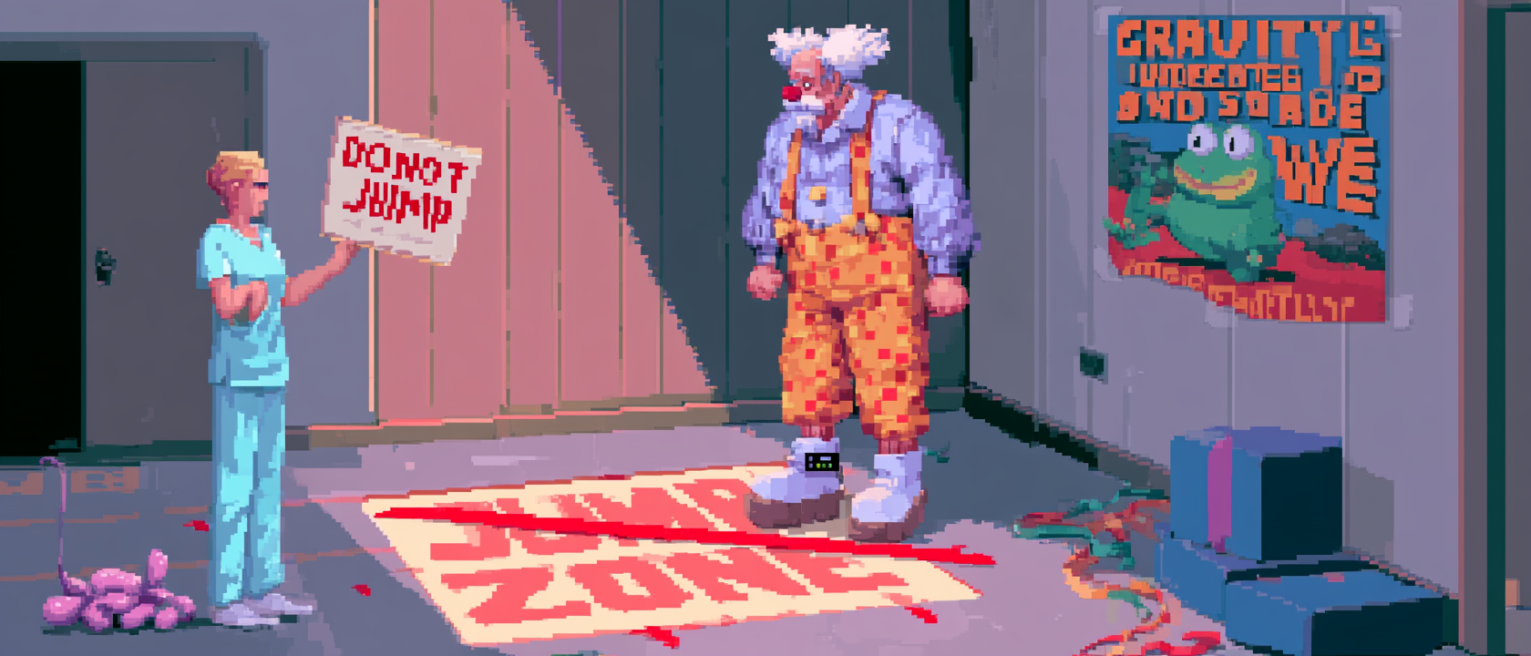 A middle-aged man in a half-on clown costume standing at the edge of a small chalk box on a gym floor labeled &lsquo;JUMP ZONE&rsquo; that has been aggressively crossed out with red tape, his ankle wearing a tiny court-ordered ankle monitor that reads &lsquo;NO HOPS, NO BUNNY HOPS, NO LITTLE EXCITED JUMPS WHEN GOOD THINGS HAPPEN,&rsquo; a physical therapist in scrubs holding up a laminated &lsquo;DO NOT JUMP&rsquo; sign like a referee issuing a red card, a single sad balloon animal deflating in the corner, motivational poster on the wall reading &lsquo;GRAVITY IS UNDEFEATED AND SO ARE WE (DIFFERENTLY)&rsquo; with a cartoon frog doing a very slow controlled calf raise, the man&rsquo;s expression is the specific resignation of someone who used to walk on stilts for five hours, dramatic shaft of fluorescent gym light hitting the crossed-out JUMP ZONE like a crime scene, resistance bands and foam blocks scattered everywhere, absurdist clinical realism