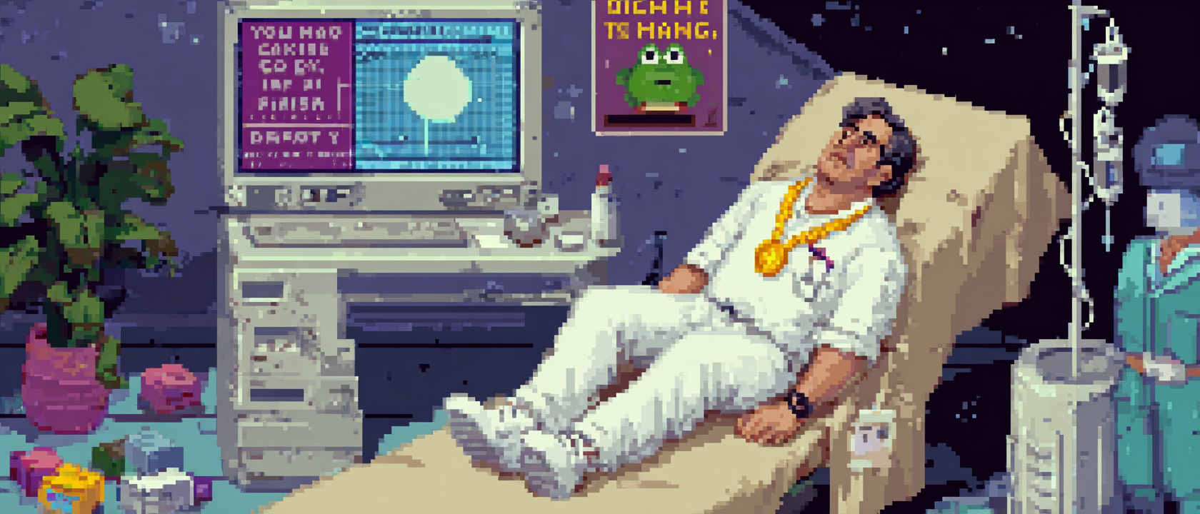 A middle-aged man slumped sideways on a beige medical exam table after a PT session, his right ankle visibly fine and slightly smug, wearing a tiny gold medal around it engraved &lsquo;BEST RECOVERED PART OF DYLAN,&rsquo; meanwhile the rest of his body is wilting like a forgotten houseplant, a participation ribbon pinned to his shirt reads &lsquo;CARDIOVASCULARLY DECEASED,&rsquo; a physical therapist in scrubs stands in the background holding a clipboard with a graph titled &lsquo;THE OTHER 95% OF YOU&rsquo; that is just a line going down, on the wall a motivational poster reads &lsquo;YOU CAN DO HARD THINGS (THIS WAS NOT A HARD THING)&rsquo; with a cartoon frog giving a sympathetic thumbs up, a frozen water bottle labeled &lsquo;EXHIBIT A&rsquo; sits unused in the corner, fluorescent clinical lighting, scattered foam blocks and resistance bands on the floor, a single dramatic shaft of light hits the smug ankle like a saint&rsquo;s halo, gritty exam-room realism with absurdist props