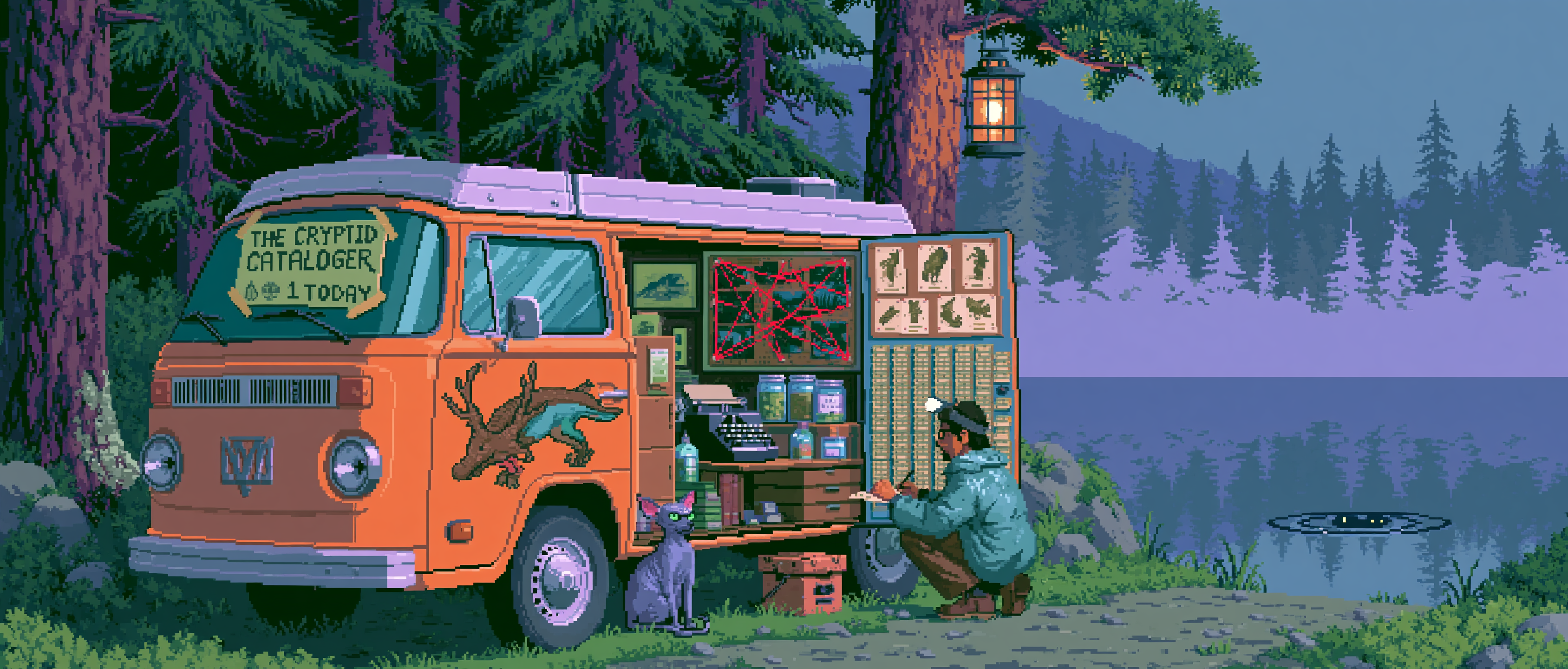 A 1972 VW bus with a hand-painted jackalope on the door parked off a misty Forest Service road at blue hour beside a deep cold Vermont lake; the side door slid open to reveal a cramped mobile cryptozoology lab — pinned field-guide plates, a corkboard webbed with red string connecting blurry lake photographs, a typewriter, mason jars of unidentified samples, towers of catalog cards; a hairless Sphinx cat sits imperiously on the dashboard glaring at the water with its ears going flat; a folklore PhD in a rain slicker and headlamp crouches at the open door sketching something just offshore; out on the black water, a single ominous ripple and two faint glowing eyes; a hand-lettered sign taped inside the windshield reads &ldquo;THE CRYPTID CATALOGER — CH. 1 TODAY&rdquo;; hemlocks, fog, lantern light, deeply atmospheric