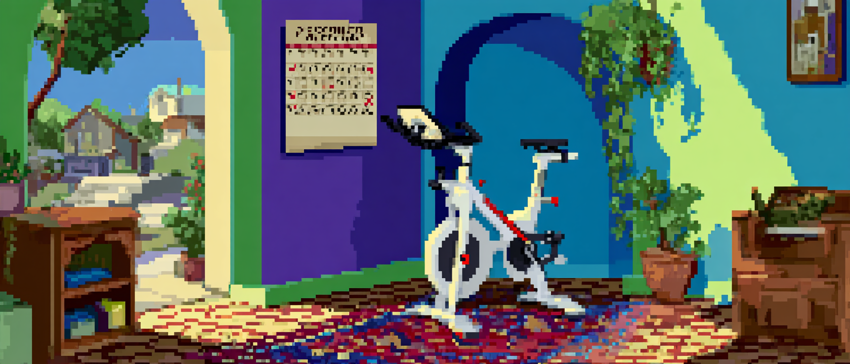 A Peloton bike sitting in a living room with a single dramatic spotlight on it like it&rsquo;s a holy relic, a red velvet rope around it, dust covering the seat, a tiny sign on the handlebars that reads &lsquo;DO NOT TOUCH UNTIL FURTHER NOTICE — MANAGEMENT (your ankle),&rsquo; cobwebs connecting it to the wall, a cat sleeping on the seat, a calendar on the wall behind it with nine months crossed off in red marker