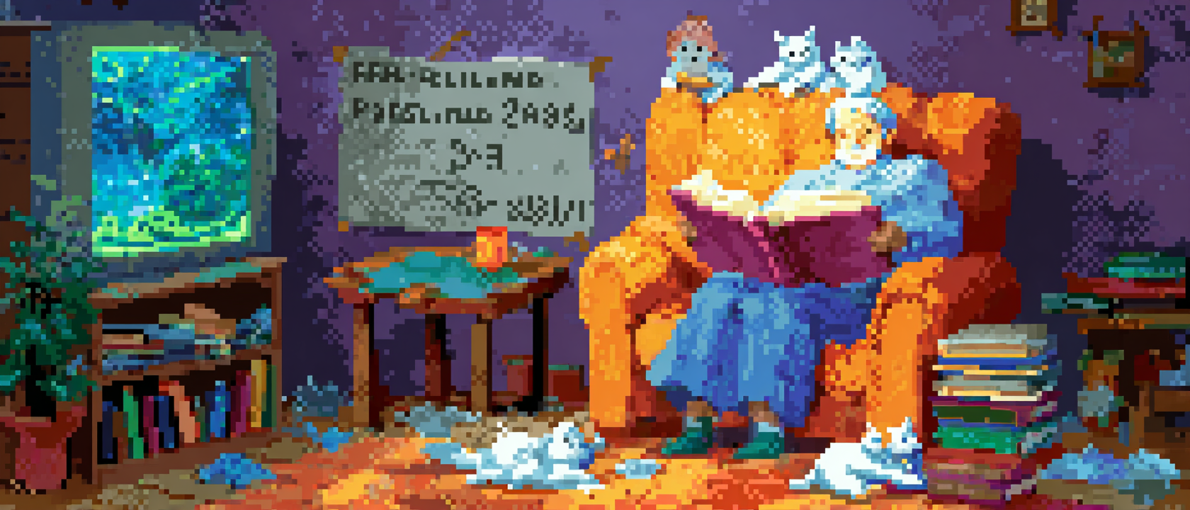 A person sitting in an overstuffed armchair reading a book, but the book is glowing and the characters from the story are climbing out of the pages and sitting around the reader like a support group, one character has a hand on the reader&rsquo;s shoulder, another is passing them a tiny cup of coffee, the room is dark except for the book&rsquo;s glow, crumpled tissues on the floor, a cat asleep on the armrest completely unbothered, a whiteboard behind them reads &lsquo;FEELINGS PROCESSING: SESSION 247,&rsquo; warm golden light, cozy and a little sad