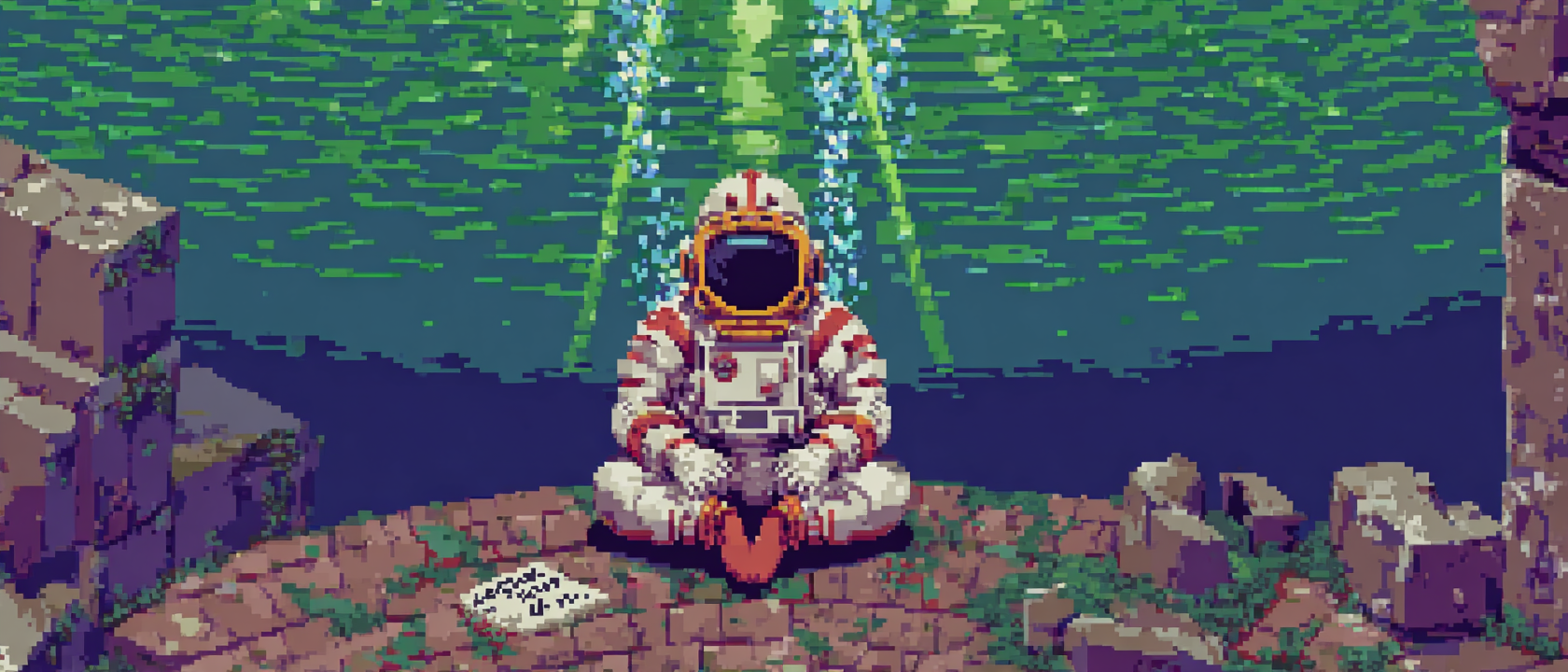 A person in a bulky commercial diving helmet sitting cross-legged at the bottom of a circular water tank, completely still, tiny bubbles rising lazily from the exhaust valve, the surface of the water glowing soft blue-green above them, the concrete walls of the tank visible in the background with depth markers painted on, a single shaft of light from above illuminating the diver like a meditation painting, the whole scene radiating absolute calm despite the industrial setting, a clipboard floating nearby that says ‘EMERGENCY DRILL 3PM’ but the diver is clearly vibing