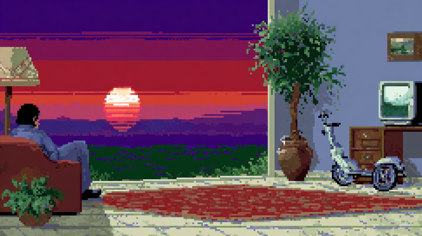 A person sitting on a couch in morning light, knee scooter visible nearby,staring at nothing in particular, the weight of waiting visible in their posture