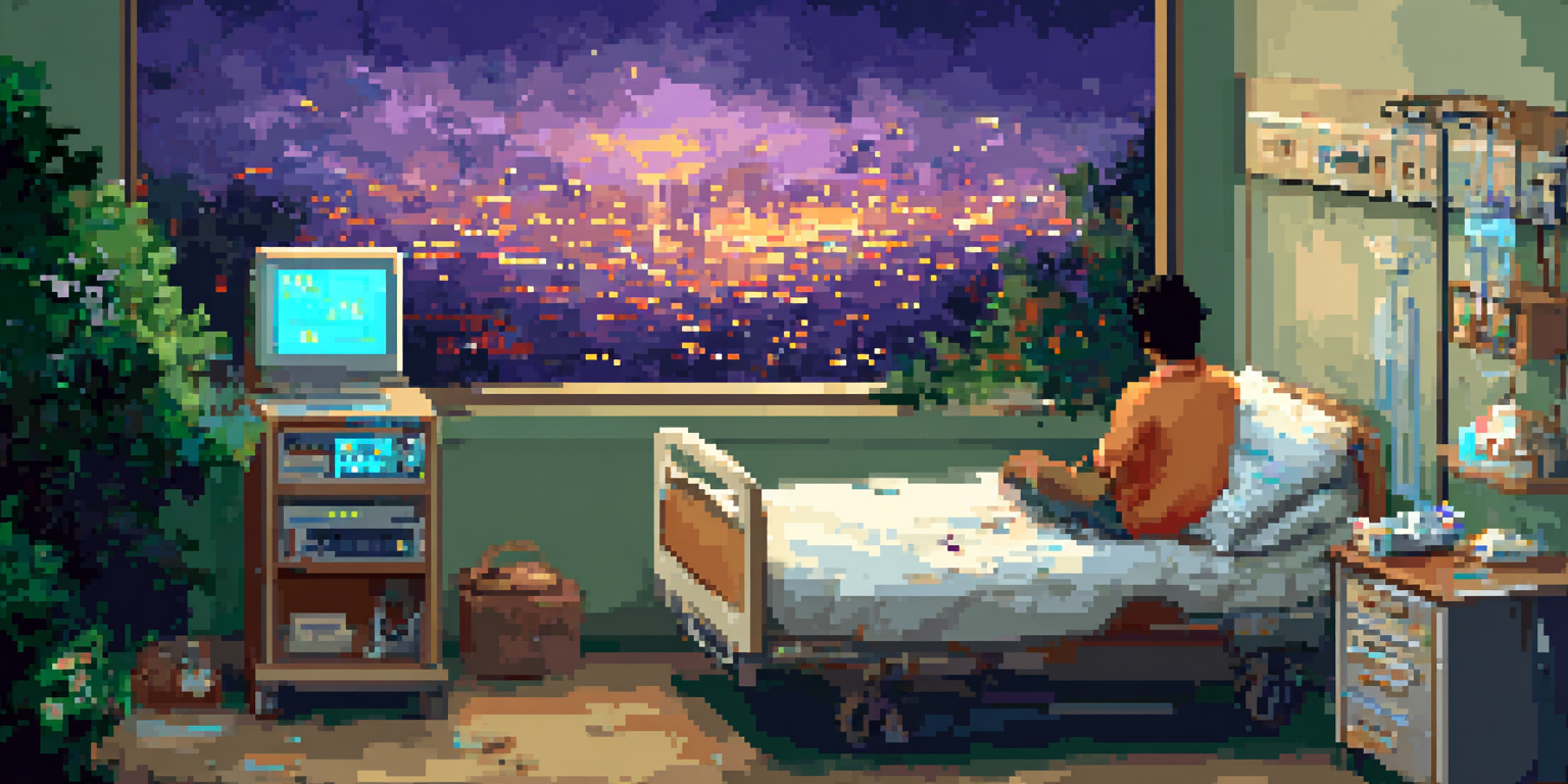 A person sitting alone in a dark hospital room at night, blue glow from medical equipment, looking out a window at city lights, the weight of uncertainty visible in their posture, melancholic but not hopeless