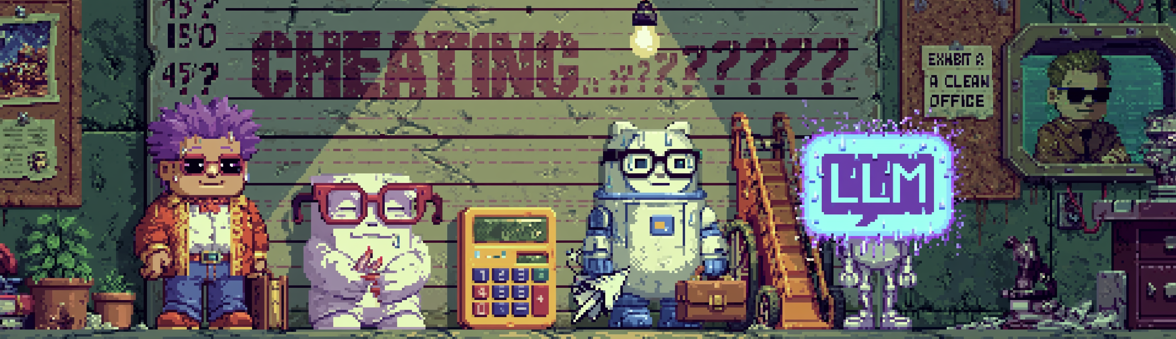 A police lineup against a height chart, but the &ldquo;suspects&rdquo; are assistive tools standing accused: a pair of reading glasses, a pocket calculator, a spellcheck cursor, a wheelchair ramp, and at the far end a glowing chat-bubble labeled &ldquo;LLM&rdquo; — all of them sweating under the interrogation light, a one-way mirror reflecting a smug detective; the height-chart wall behind them reads &ldquo;CHEATING????&rdquo; in big stenciled letters with a question mark count escalating in panic; the glasses are calmly filing their nails, completely unbothered, having clearly beaten this rap centuries ago; the wheelchair ramp has a tiny lawyer briefcase; harsh noir lighting, a single swinging bare bulb, a &ldquo;EXHIBIT A: A CLEAN OFFICE&rdquo; photo pinned to the corkboard