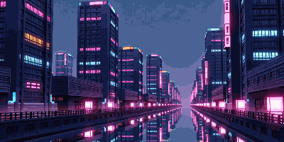 A rain-soaked neon cityscape at night, cyberpunk aesthetic, chrome and glass towers reflecting pink and blue lights