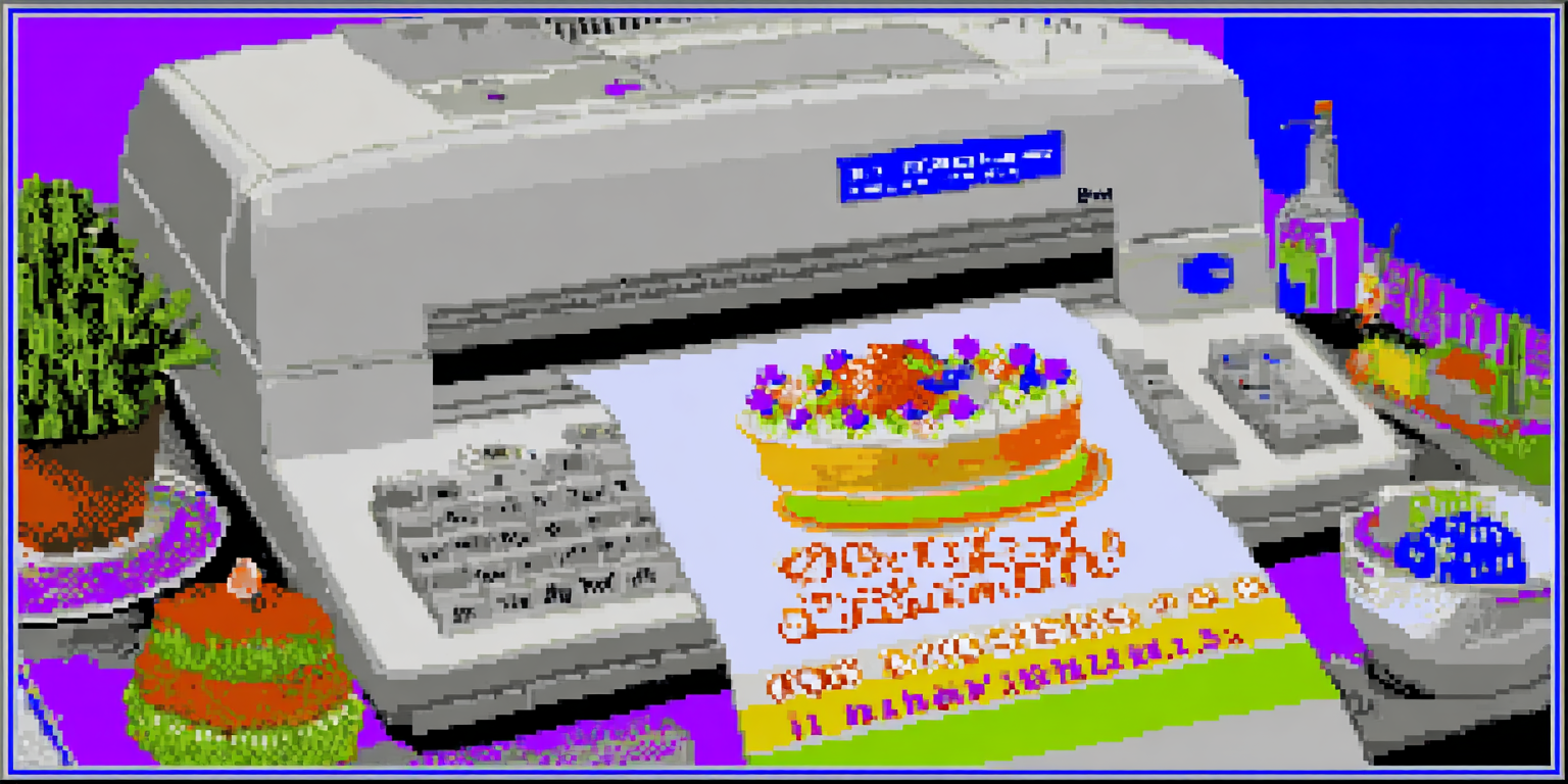 A retro DOS-style computer screen showing a greeting card maker with pixel art clipart, CGA colors, and a birthday cake graphic