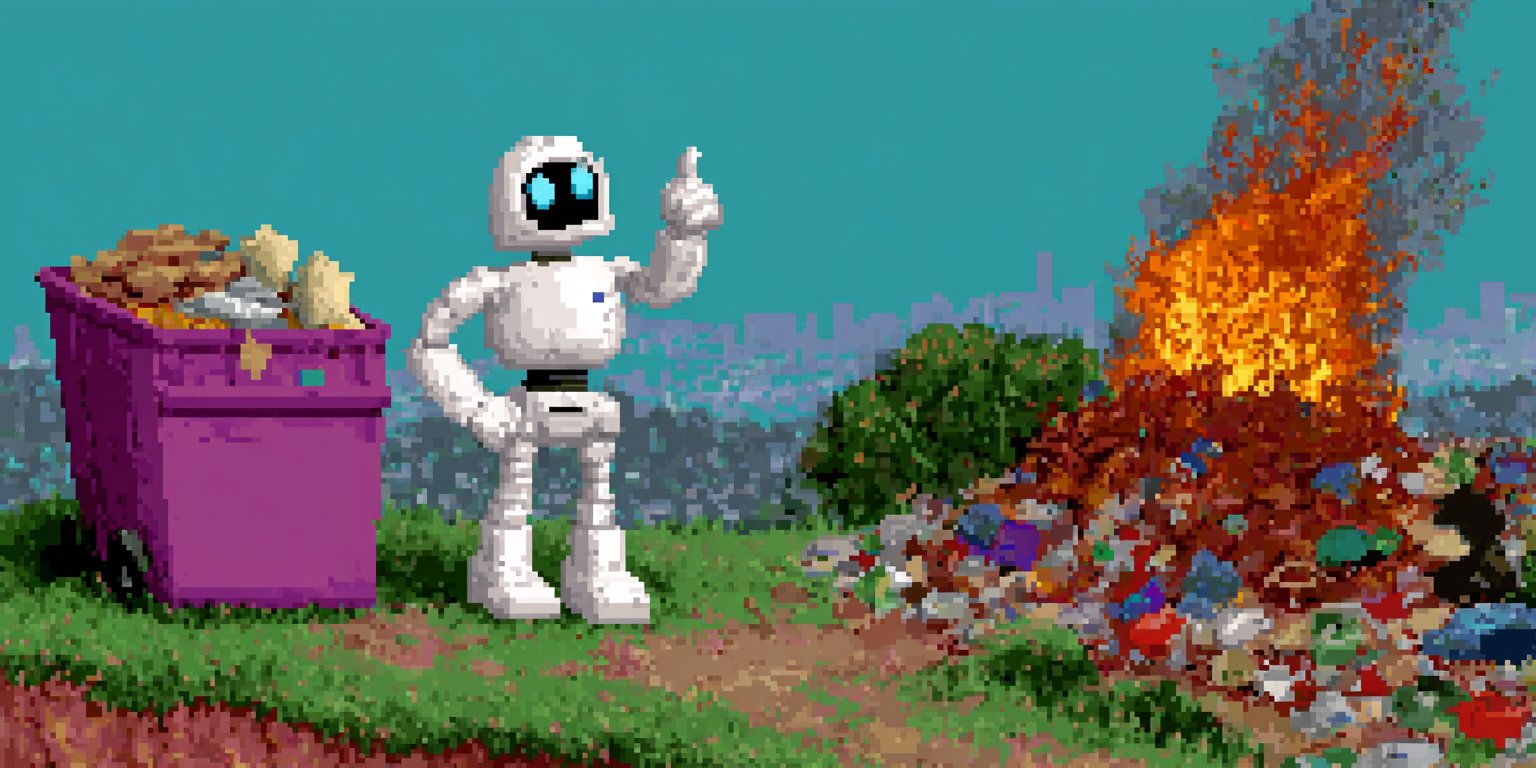 A robot confidently giving a thumbs up while a small fire burns behind it