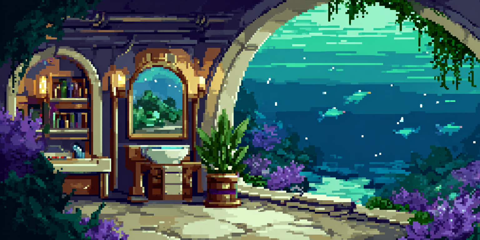 An underwater alien base with large curved windows looking out into a deep blue ocean, bioluminescent fish drifting past, warm interior lighting contrasting with the cool ocean depths, peaceful and isolated, No Man&rsquo;s Sky aesthetic