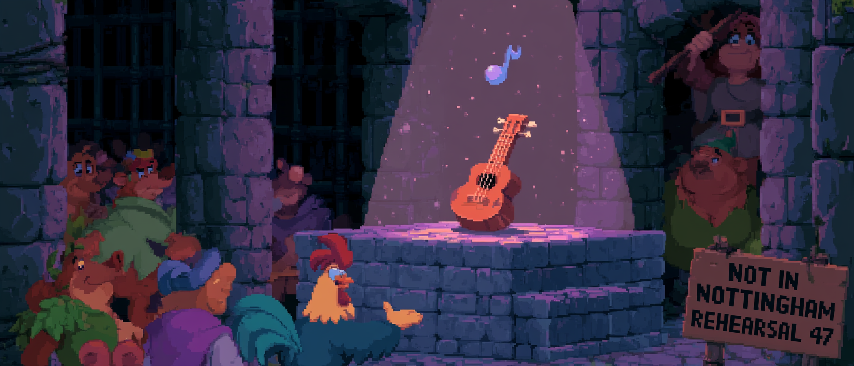 A small ukulele standing on a tiny medieval stage in a cartoon jail cell, performing for an audience of unimpressed Disney-style woodland prisoners, a spotlight on it, a single tear-shaped musical note floating up from the strings, a sign in the corner reading &ldquo;NOT IN NOTTINGHAM — REHEARSAL 47,&rdquo; a rooster in the front row nodding along supportively, dramatic theatrical lighting, dust motes, very cozy and very sad in a charming way