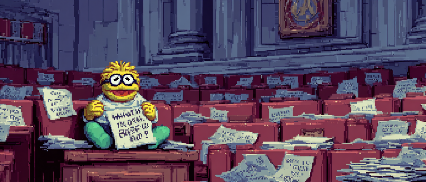 A small yellow-green Fraggle puppet sitting cross-legged in a United Nations general assembly hall, wearing a tiny banana-shaped shirt, surrounded by empty seats with country placards, a single spotlight on the Fraggle who is holding a sign that reads &lsquo;WHAT IF WE JUST&hellip; DIDN&rsquo;T?&rsquo; in wobbly handwritten letters, a pair of reading glasses perched on its nose, dramatic parliamentary lighting, documents scattered everywhere titled &lsquo;RESOLUTION 4812: ON THE MATTER OF BEING NICE TO EACH OTHER&rsquo;