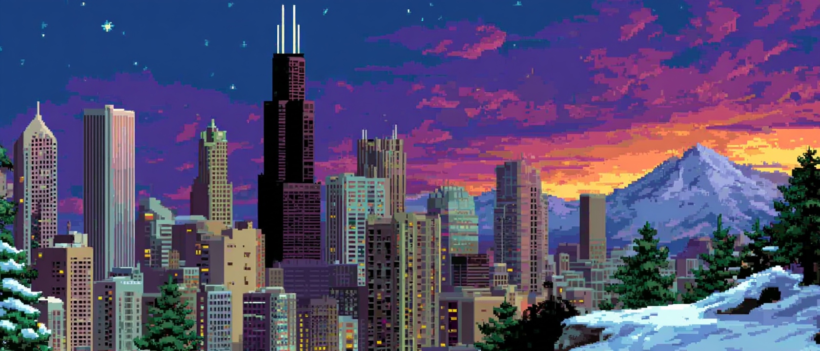 A snow-covered Chicago skyline at dusk with faint magical runes glowing softly in the clouds — ominous but strangely peaceful, like the city is catching its breath