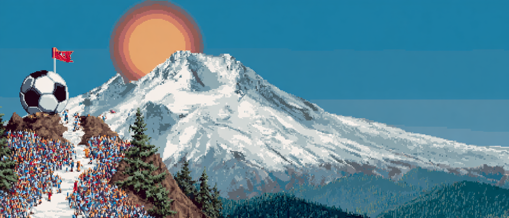A soccer ball wearing a tiny mountaineering backpack and hiking boots standing triumphantly on top of a snow-capped peak that is clearly supposed to be a Colorado fourteener, a massive crowd of stick figures cheering from the valley below holding signs that say &lsquo;WE SHOWED UP&rsquo; and &lsquo;ATTENDANCE RECORD GO BRRR,&rsquo; the sun behind the ball looks suspiciously like a gold medal, an avalanche of confetti instead of snow cascading down the mountainside