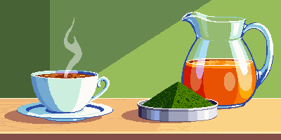 A steaming cup of green tea next to an open tin of loose leaf, with a pitcher of iced tea suspiciously made from Lipton bags in the background