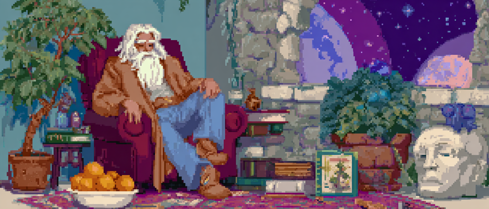 A tall wizard in a leather duster sitting in a beat-up recliner surrounded by magical chaos, looking tired but content