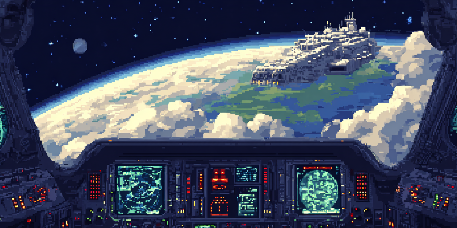 A massive frigate corvette ship floating in orbit above a planet, viewed from the bridge interior with holographic control panels and star maps, the feeling of commanding something vast while everything else feels uncertain, dramatic space lighting