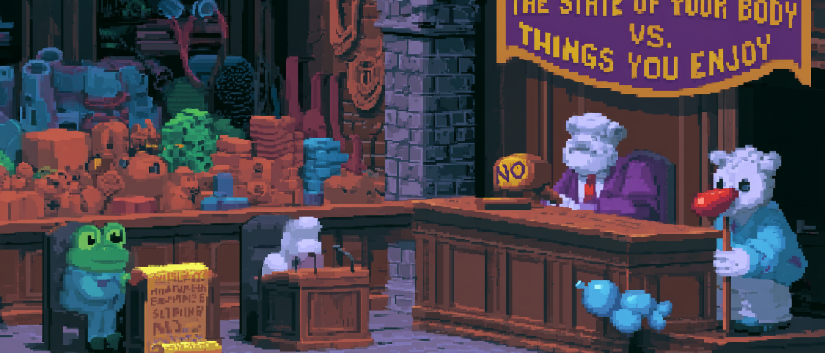 A tiny ankle joint sitting in a witness stand at a courtroom, a judge banging a gavel labeled &lsquo;NO&rsquo; while the defendant — a clown nose on a stick — looks devastated, a stenographer typing &lsquo;AND FURTHERMORE, NO SKIPPING&rsquo; onto a tiny scroll, gallery full of foam blocks and resistance bands gasping dramatically, a bailiff frog escorting a single deflated balloon animal out of the room, banner over the bench reads &lsquo;THE STATE OF YOUR BODY VS. THINGS YOU ENJOY,&rsquo; high-drama legal lighting, absurd and a little tragic