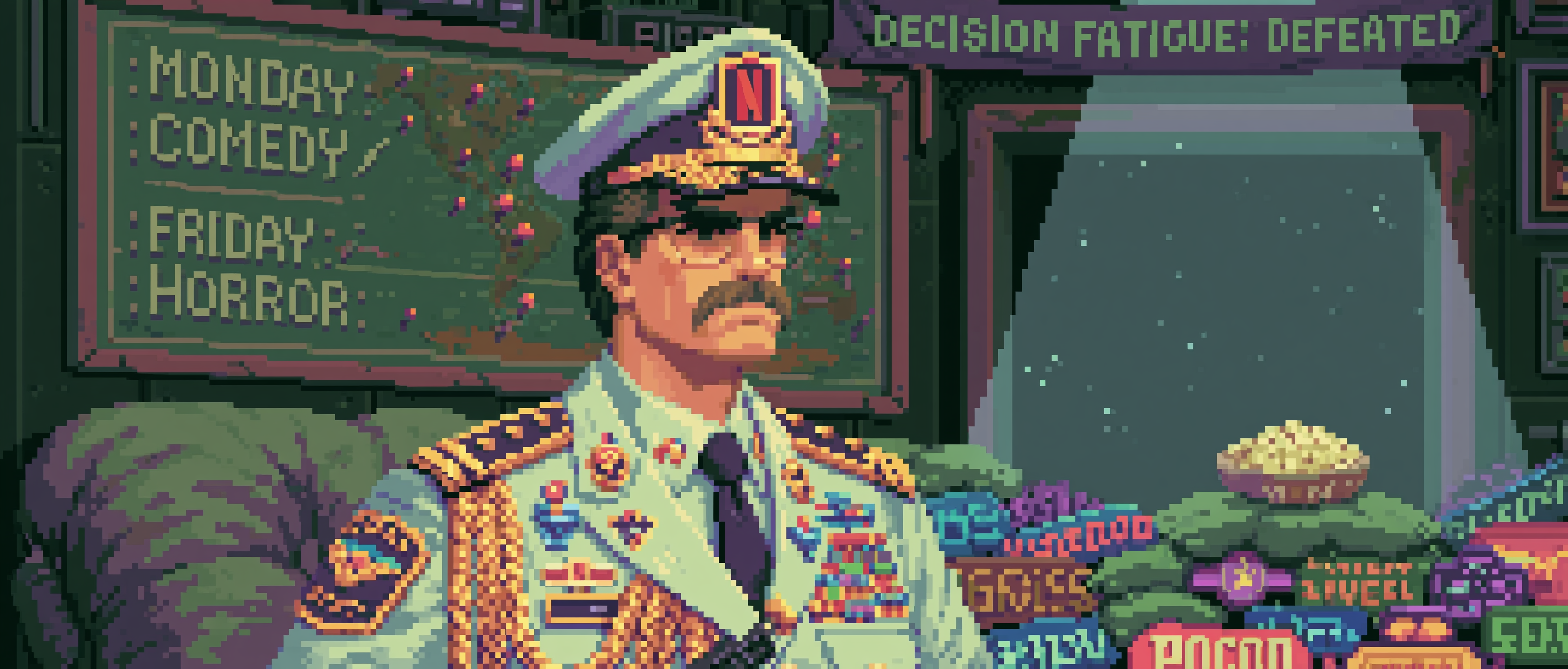 A tiny four-star general standing at attention on the cushion of an enormous overstuffed couch like it&rsquo;s a parade ground, wearing a medal-covered uniform and a peaked cap with a Netflix-red insignia, brandishing a TV remote like a field marshal&rsquo;s baton, barking orders at a cowering pile of streaming-service logos lined up like nervous recruits, a giant wall map behind him showing &ldquo;MONDAY: COMEDY / FRIDAY: HORROR&rdquo; with little pushpins, a single bowl of popcorn rendered as a sandbag fortification, dramatic spotlight from the TV glow, a banner reading &ldquo;DECISION FATIGUE: DEFEATED&rdquo; hung crookedly above, dust motes, cinematic war-room lighting