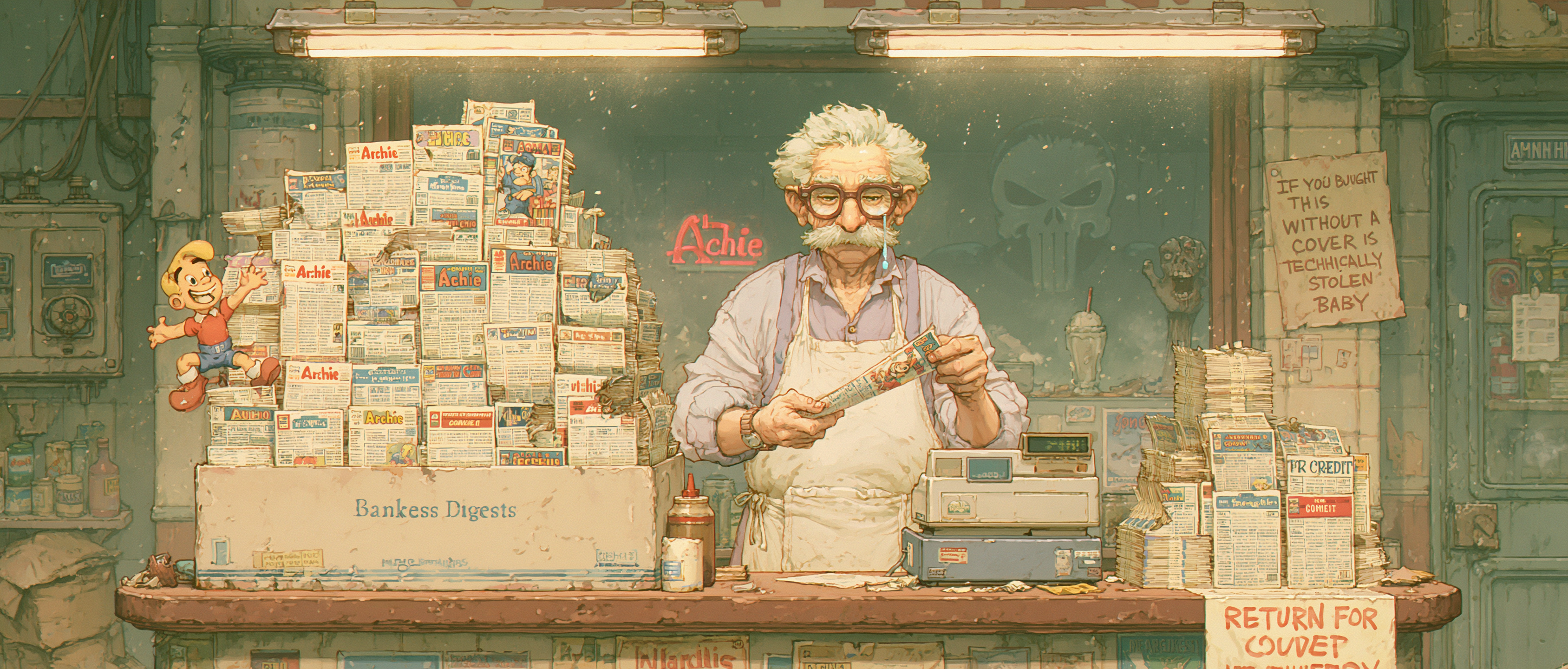 A towering banker&rsquo;s box overflowing with coverless comic digests, every single one missing its front cover so you can see the raw newsprint guts, perched on the counter of a dusty 1980s corner store at midnight; behind the register stands a kindly grandfather ghost wearing an apron and reading glasses, lovingly tearing the cover off an Archie comic with a single tear of pride rolling down his cheek; the torn-off covers are stacked in a separate pile labeled &ldquo;RETURN FOR CREDIT&rdquo; while a tiny cartoon Archie Andrews climbs out of the coverless pile waving hello; in the background, barely visible through the shop window, the Punisher&rsquo;s skull logo glows ominously and a single zombie hand reaches up from behind a milkshake; warm fluorescent gas-station lighting, dust motes, a hand-lettered sign reading &ldquo;IF YOU BOUGHT THIS WITHOUT A COVER IT IS TECHNICALLY STOLEN BABY&rdquo;