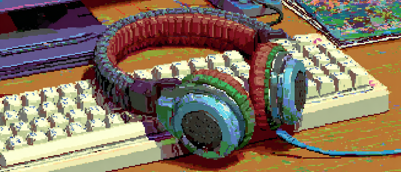 A pair of headphones sitting next to a keyboard, bathed in the warm glow of a desk lamp, with a vinyl record sleeve barely visible in the background