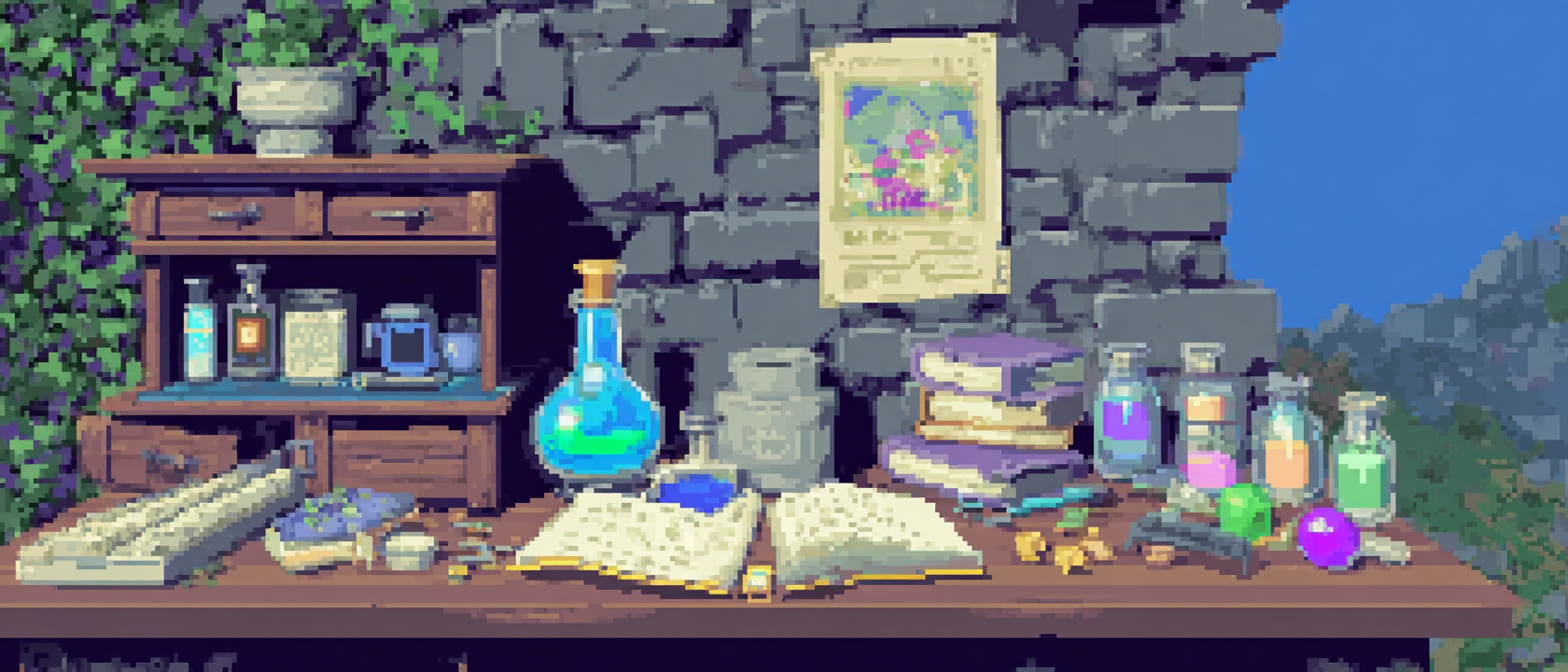 A wizard&rsquo;s workbench covered in glowing spell components and open notebooks, a child&rsquo;s crayon drawing pinned to the wall above it