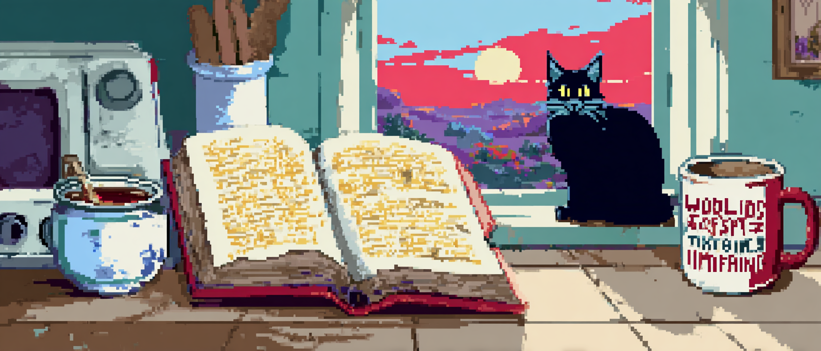 A worn paperback book sitting open on a kitchen table, but the words on the page are glowing faintly gold like a prophecy activating in real time, a coffee mug next to it with &lsquo;WORLD&rsquo;S OKAYEST TIMELINE&rsquo; printed on the side, morning light streaming through a window where the sky outside is just a little too red, a black cat sitting on the table staring directly at the viewer like it knows something you don&rsquo;t